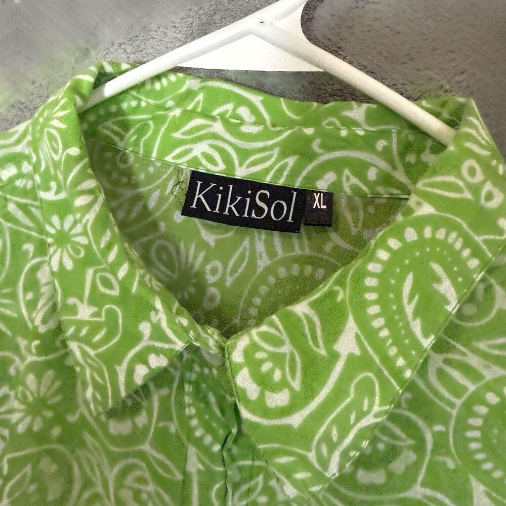 Kikisol Top XL Tropical Floral V Neck 3/4 Sleeve Tunic Lightweight Coverup Green